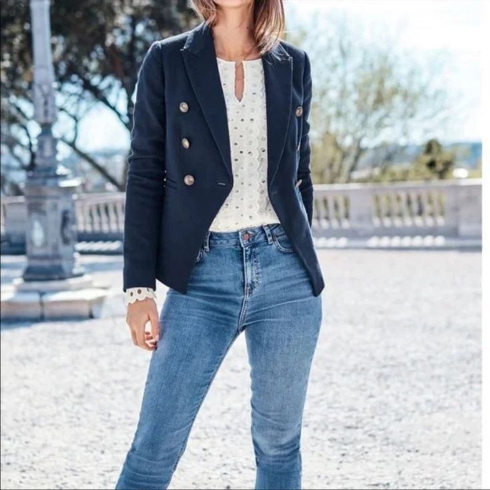 Boden Navy Blue Double Breasted Blazer Gold Crest Buttons Polka Dot Lined Size 6